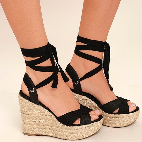 Lulus Esme Black Lace-Up Espadrille Wedges - Picture 2 of 3
